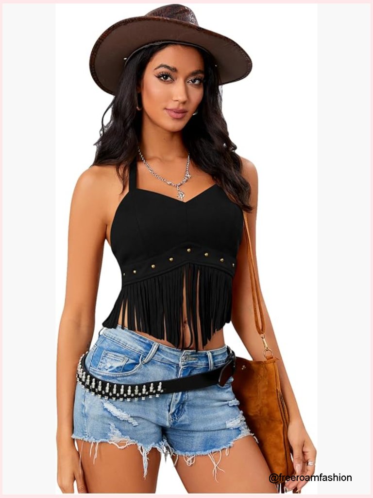 Y2k Fringe Western Halter Tassel Cowgirl Hippie Cropped Tank Top